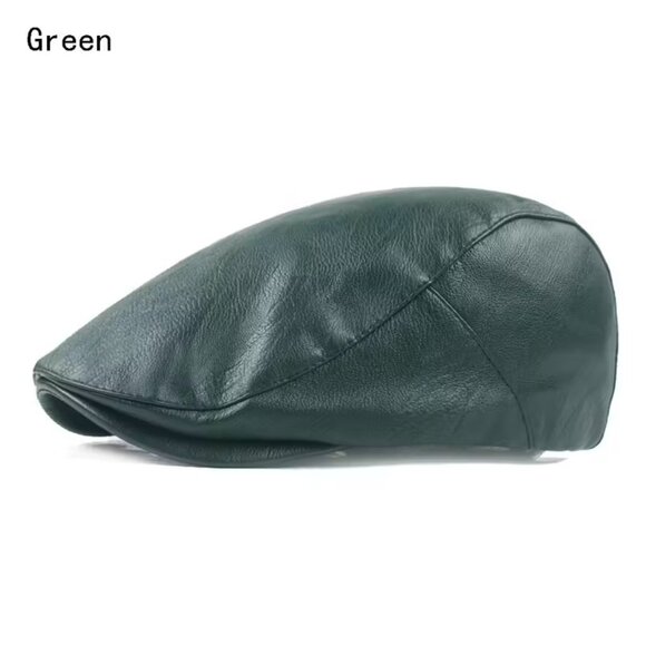 Green Mens Faux Leather Newsboy Ivy Flat Cap Driver Hat Vintage Golf Cabby Style - Picture 2 of 2